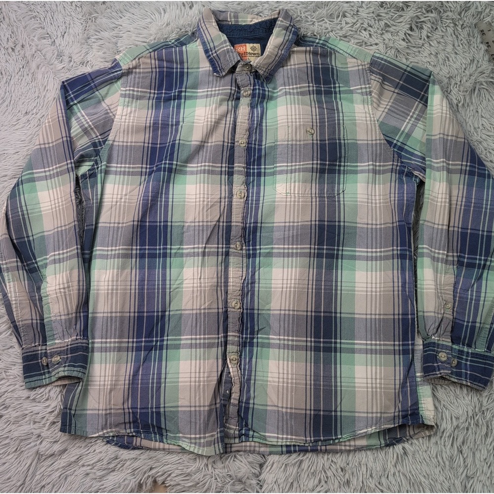 RuffHewn Shirt Mens L Blue Plaid Button Up Cotton Preppy Pocket Comfort Casual